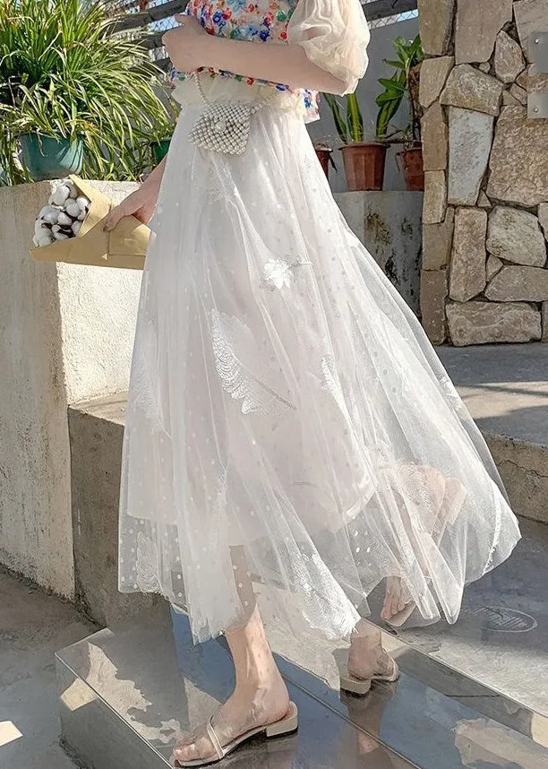 Elegant White Feathers Embroidered Elastic Waist Tulle Skirt Summer AS1073