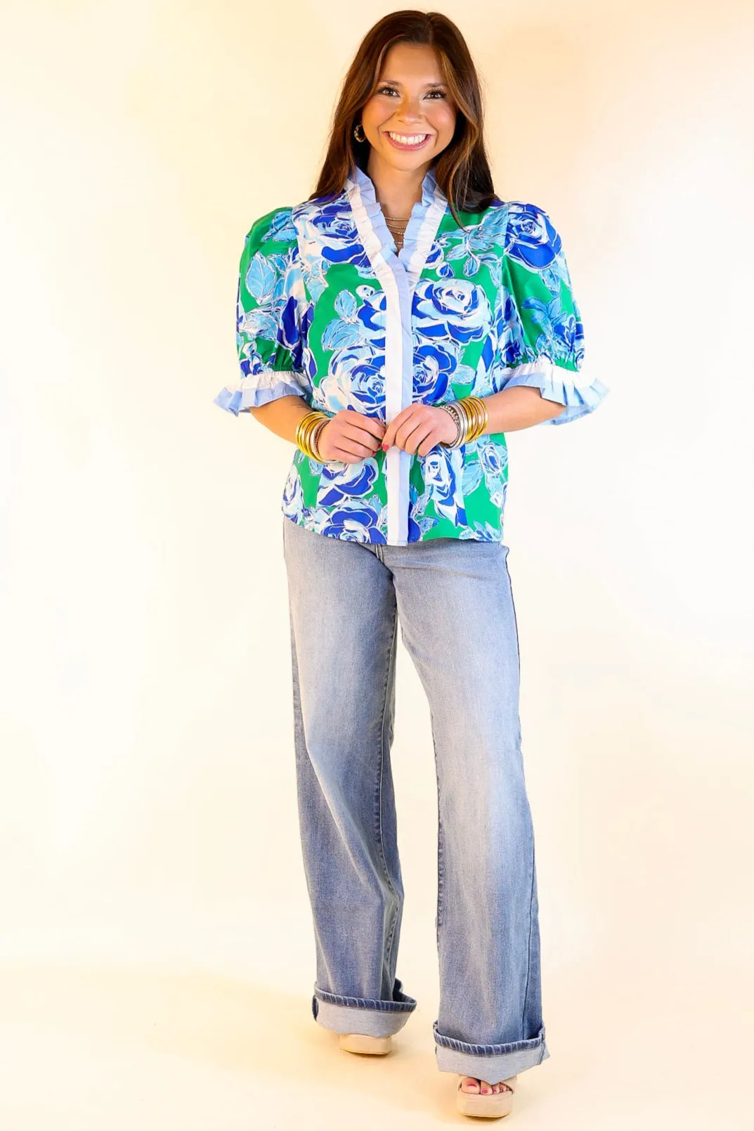 Endless Elegance Ruffled V Neck Floral Print Top in Green and Blue
