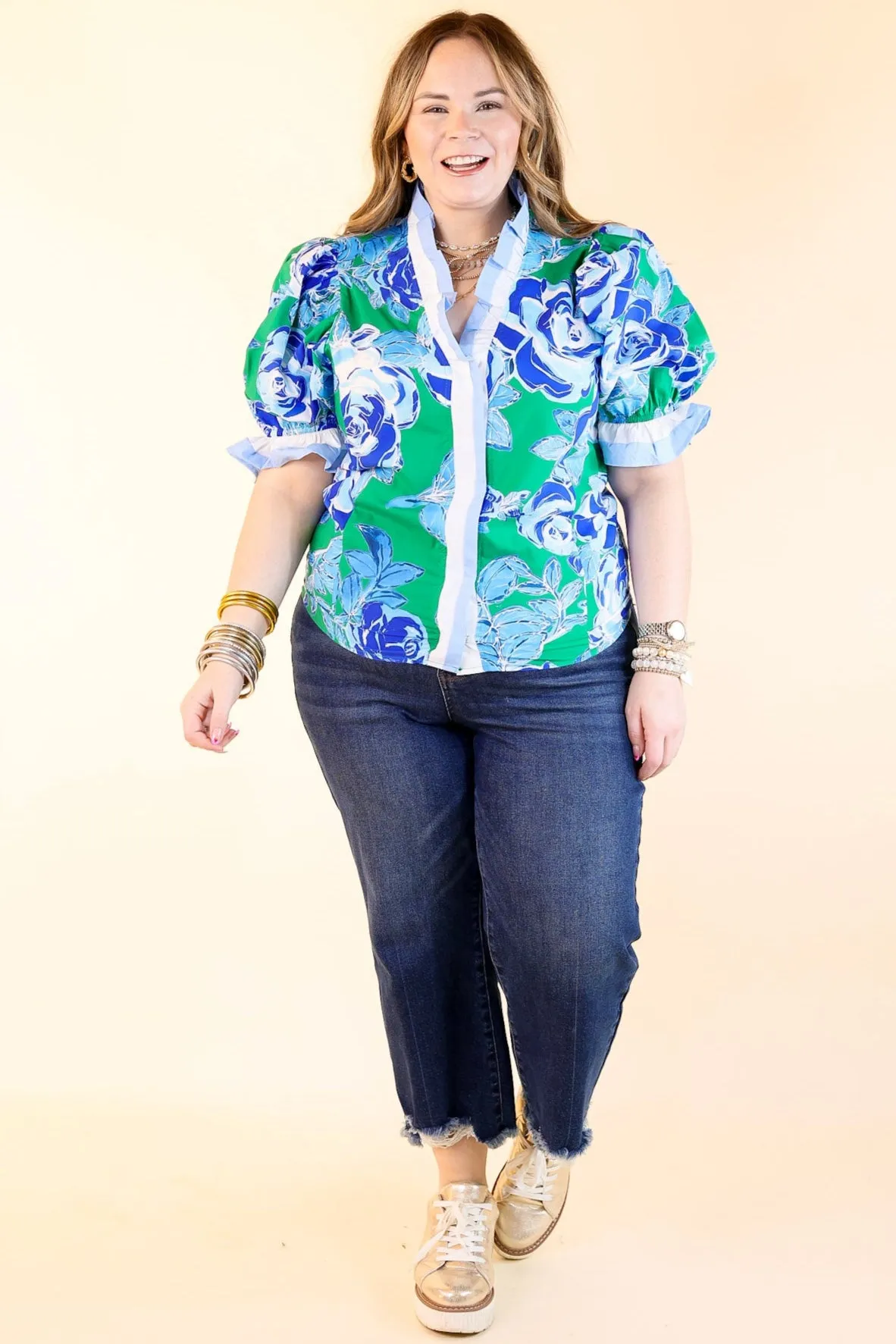 Endless Elegance Ruffled V Neck Floral Print Top in Green and Blue