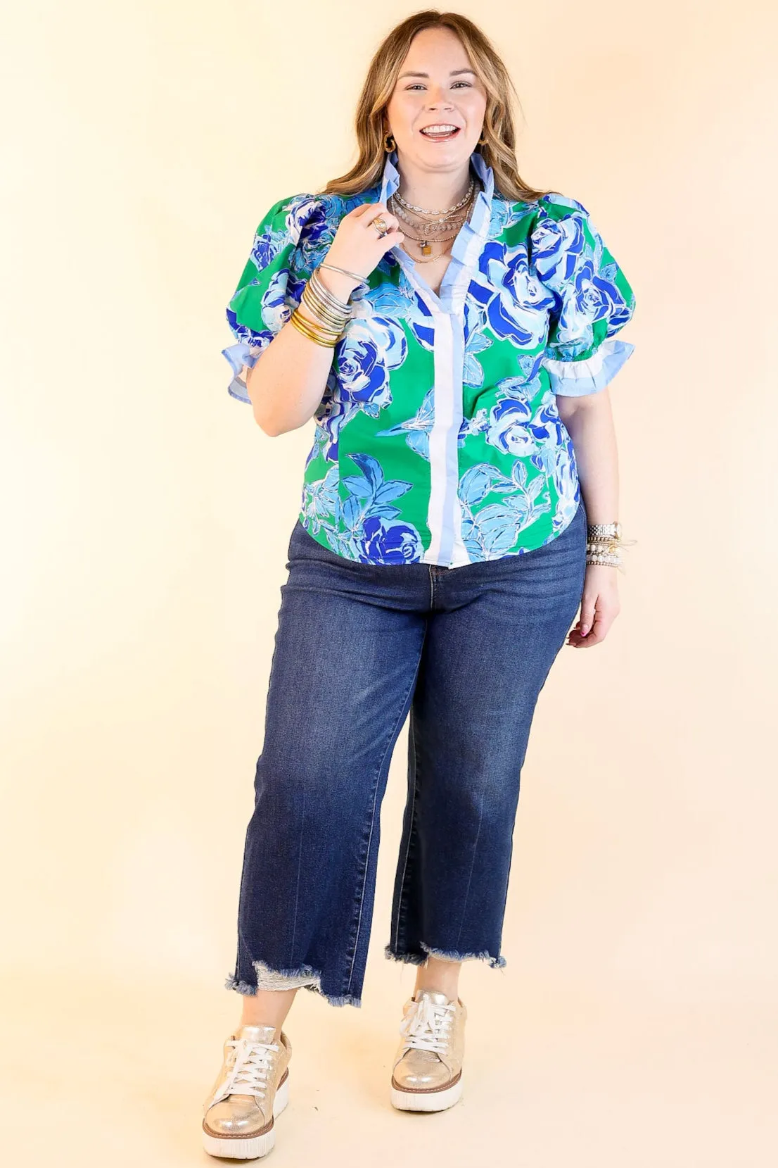 Endless Elegance Ruffled V Neck Floral Print Top in Green and Blue