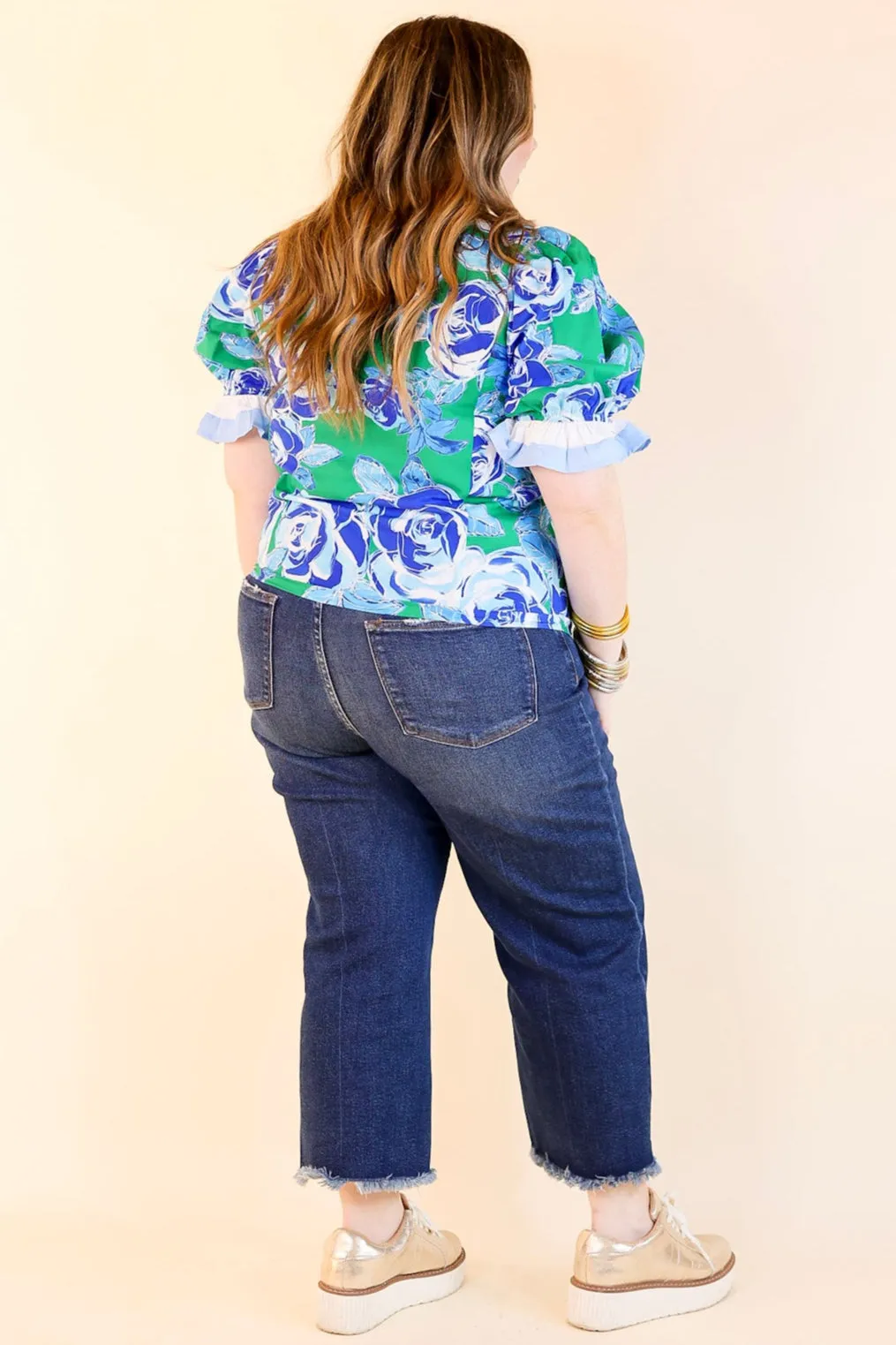 Endless Elegance Ruffled V Neck Floral Print Top in Green and Blue