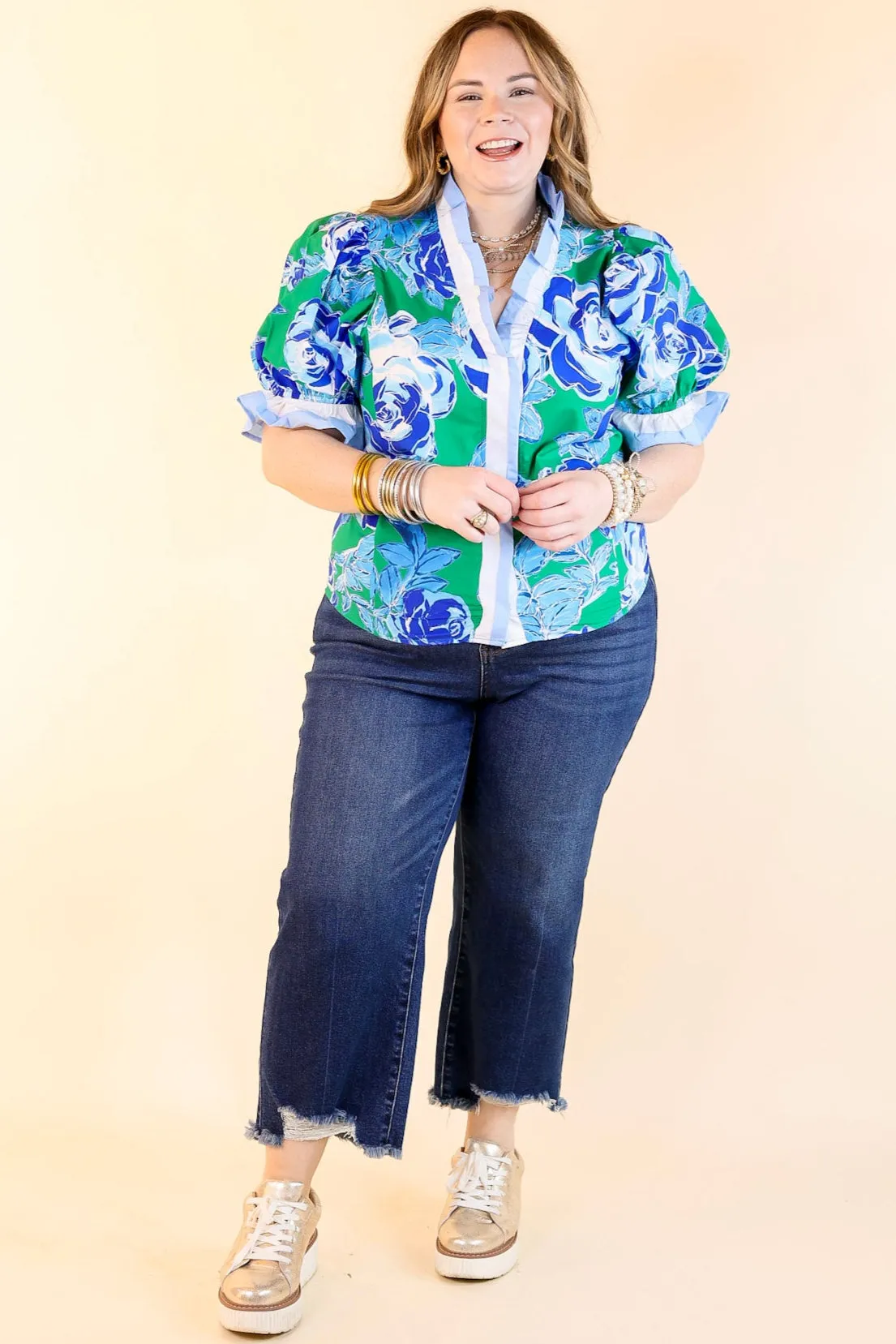 Endless Elegance Ruffled V Neck Floral Print Top in Green and Blue