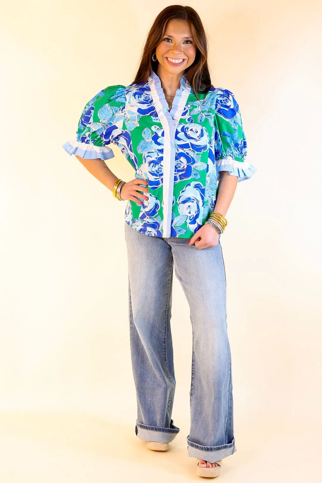 Endless Elegance Ruffled V Neck Floral Print Top in Green and Blue