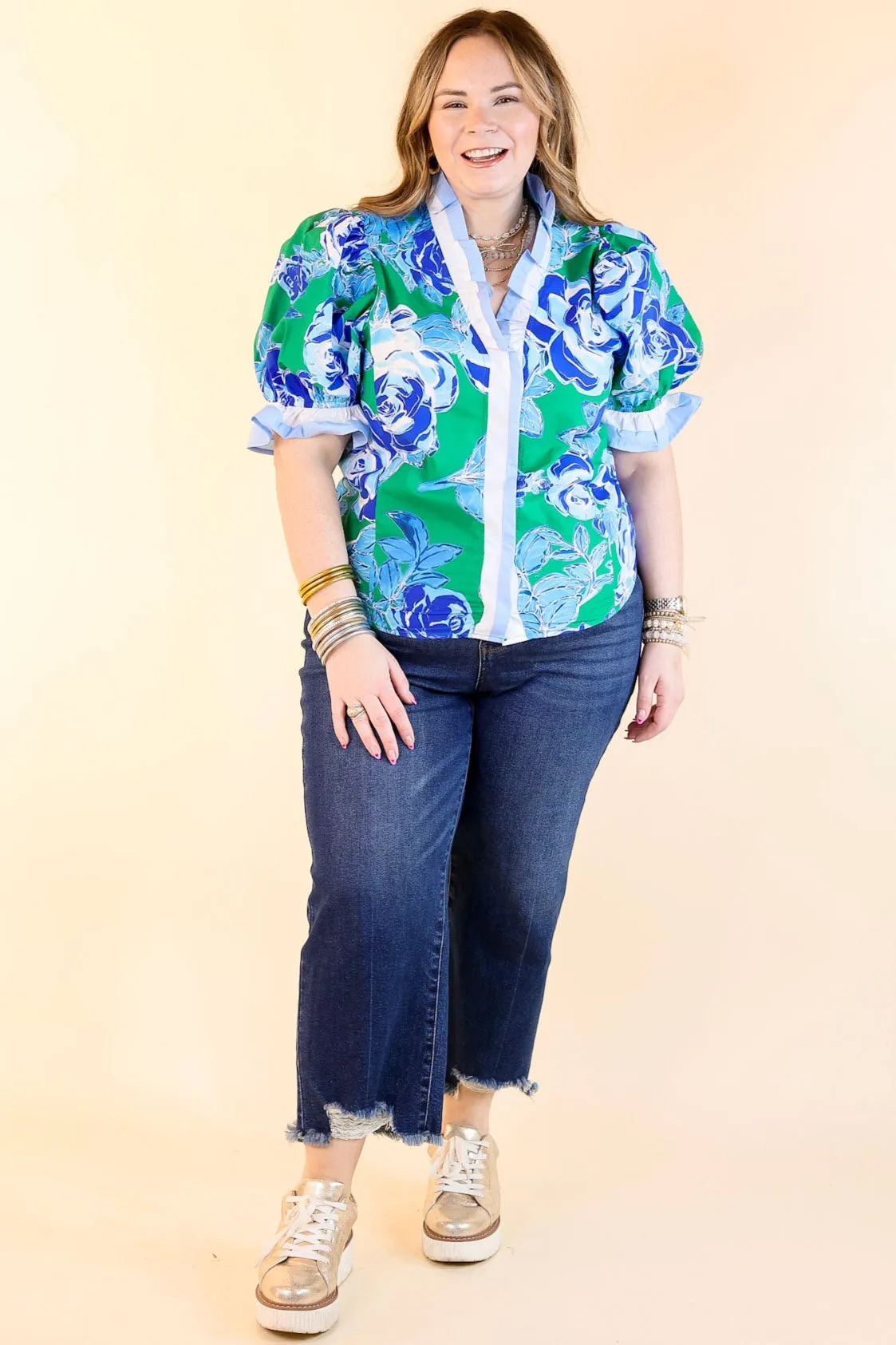 Endless Elegance Ruffled V Neck Floral Print Top in Green and Blue