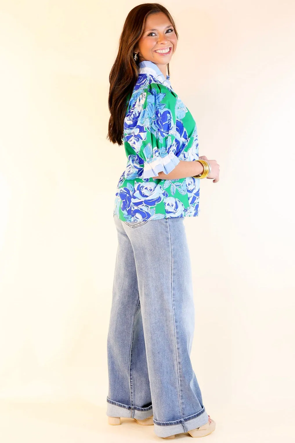 Endless Elegance Ruffled V Neck Floral Print Top in Green and Blue