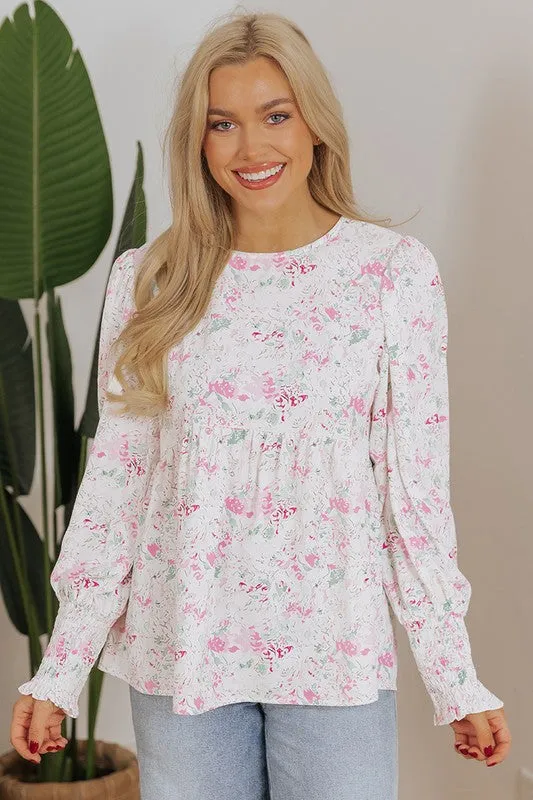 Floral Balloon Sleeve Keyhole Back Babydoll Blouse