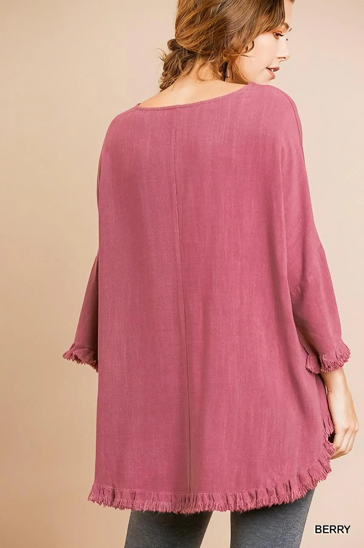 Frayed Hem Top with Long Bell Sleeves and Chest Pocket by Umgee Clothing
