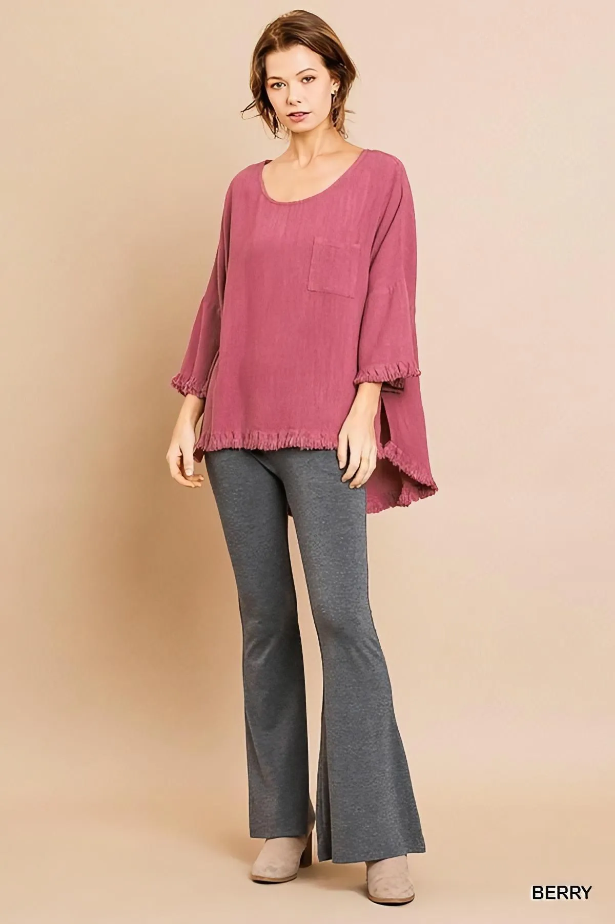 Frayed Hem Top with Long Bell Sleeves and Chest Pocket by Umgee Clothing