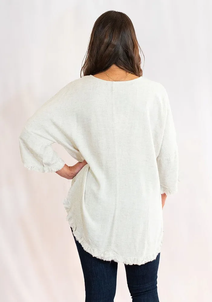 Frayed Hem Top with Long Bell Sleeves and Chest Pocket by Umgee Clothing