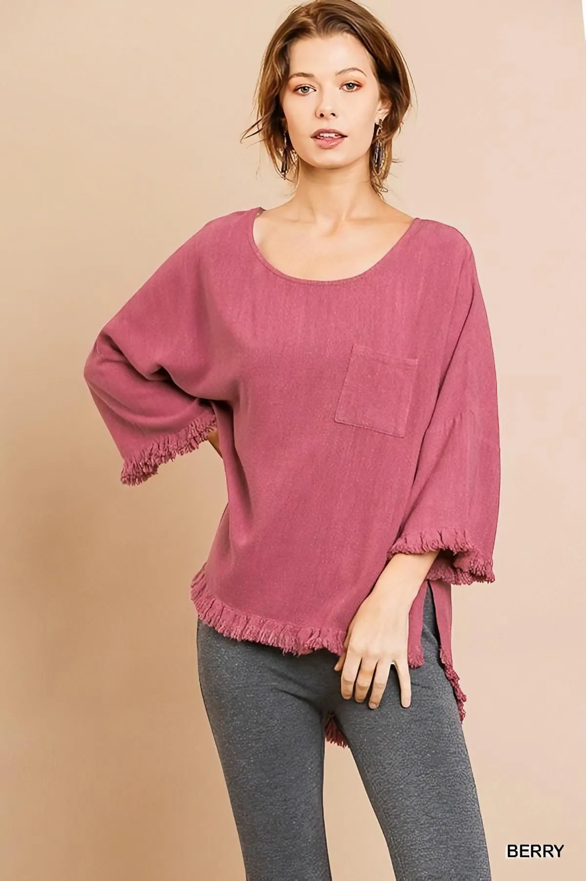 Frayed Hem Top with Long Bell Sleeves and Chest Pocket by Umgee Clothing