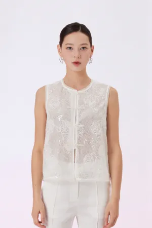 Gavi White Rose Lace Sleeveless Top