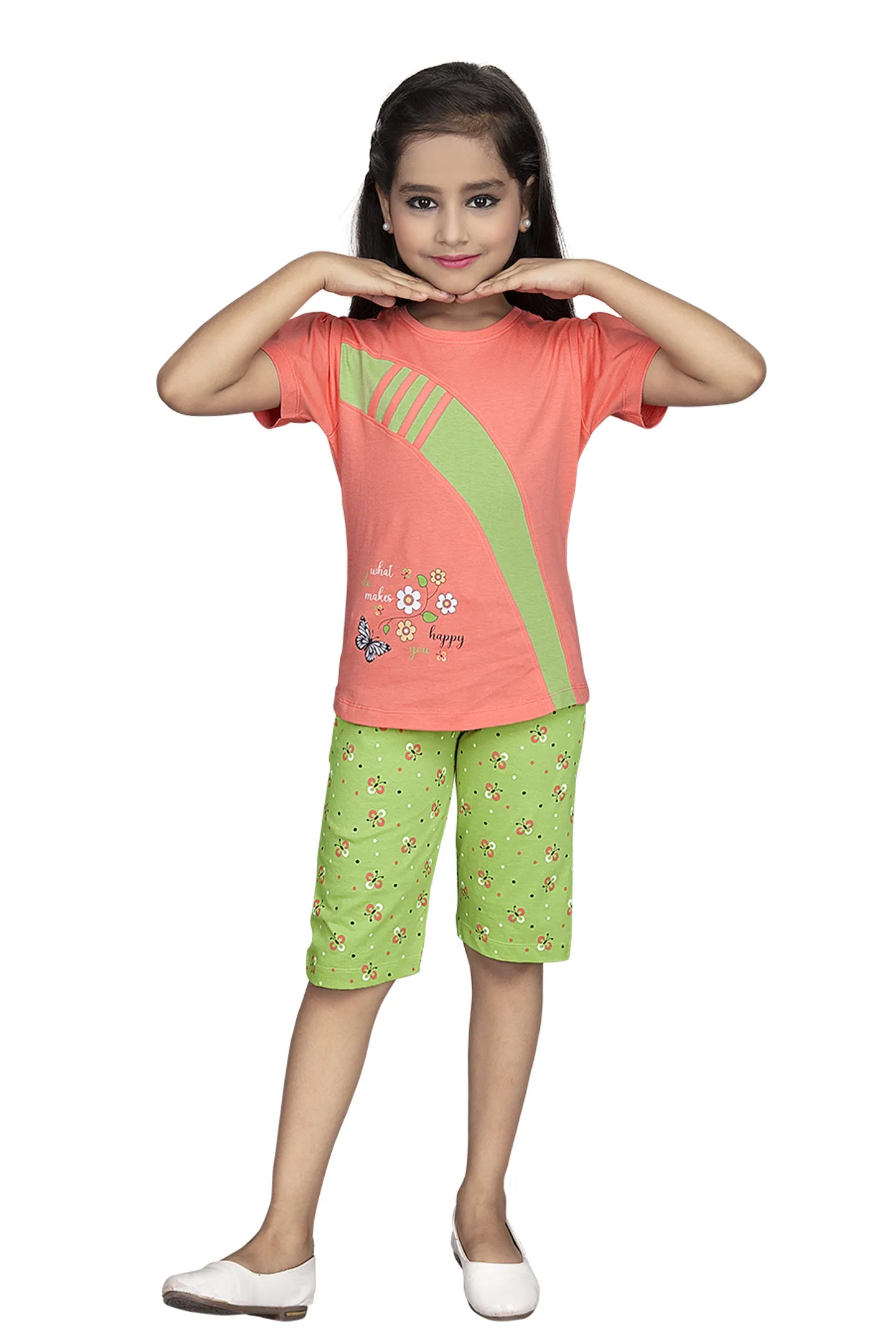 Girls Round Neck Tees  With 3/4 Pant Set - Aroma