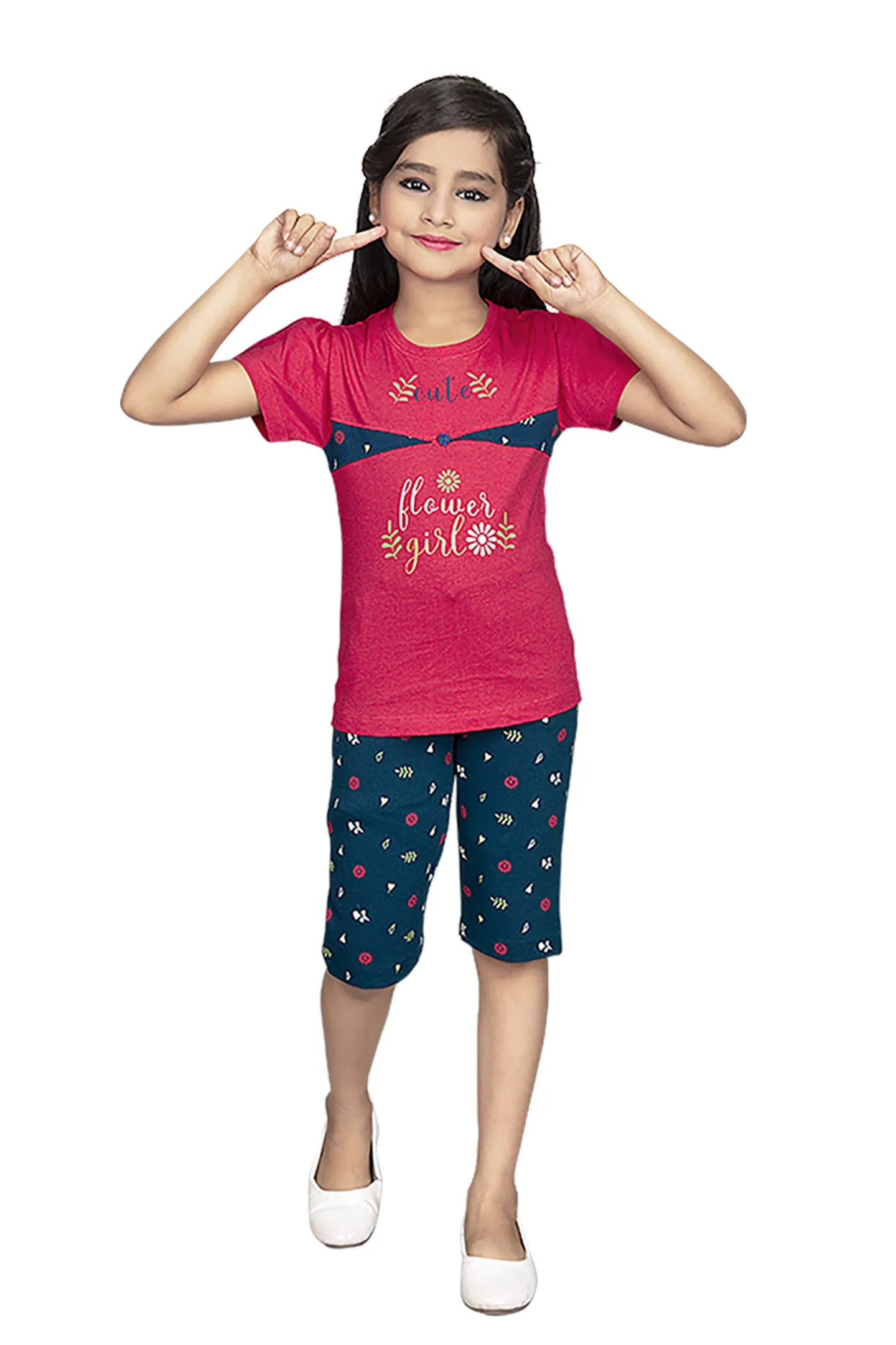 Girls Round Neck Tees  With 3/4 Pant Set - Aroma