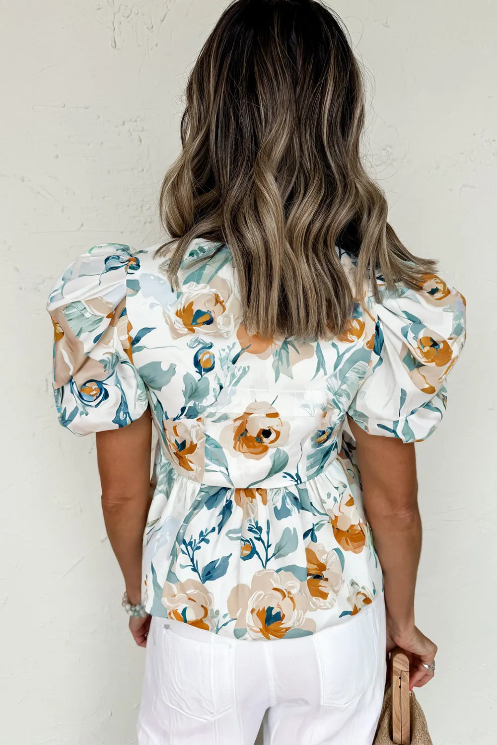 Green Floral Print Puff Sleeve V Neck Babydoll Blouse