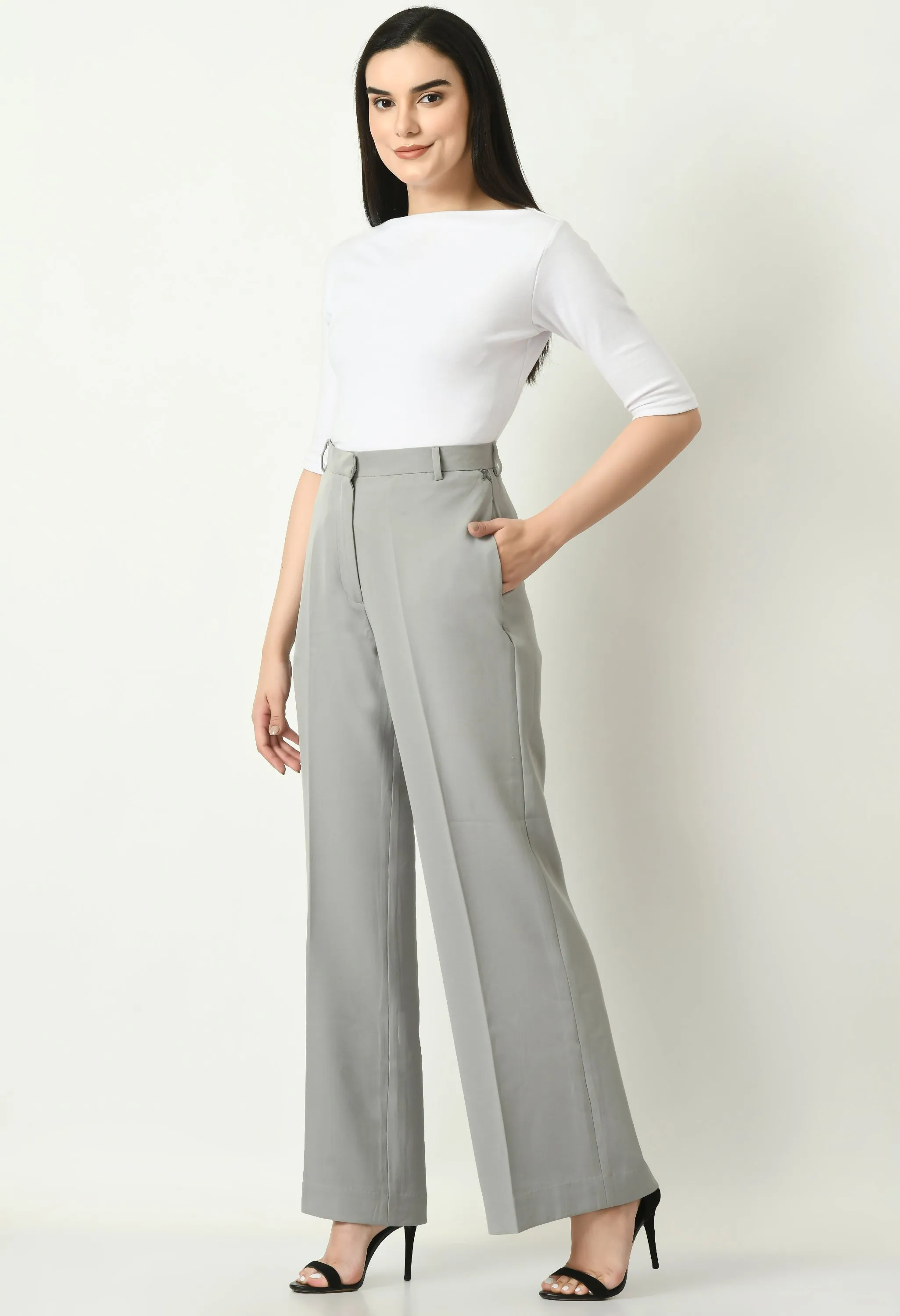 Grey Cotton Blend Eminence Solid Bootcut Trouser
