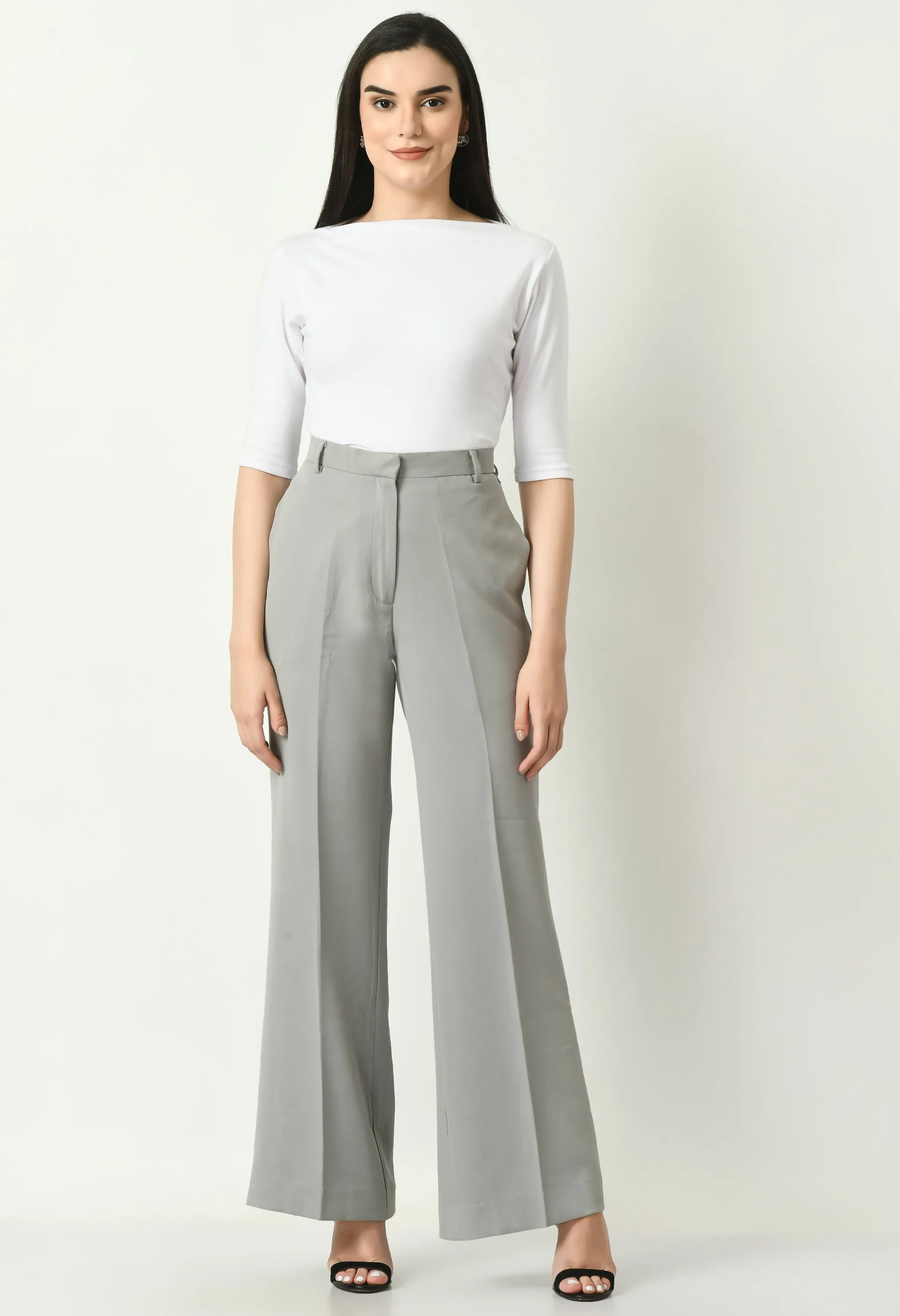 Grey Cotton Blend Eminence Solid Bootcut Trouser