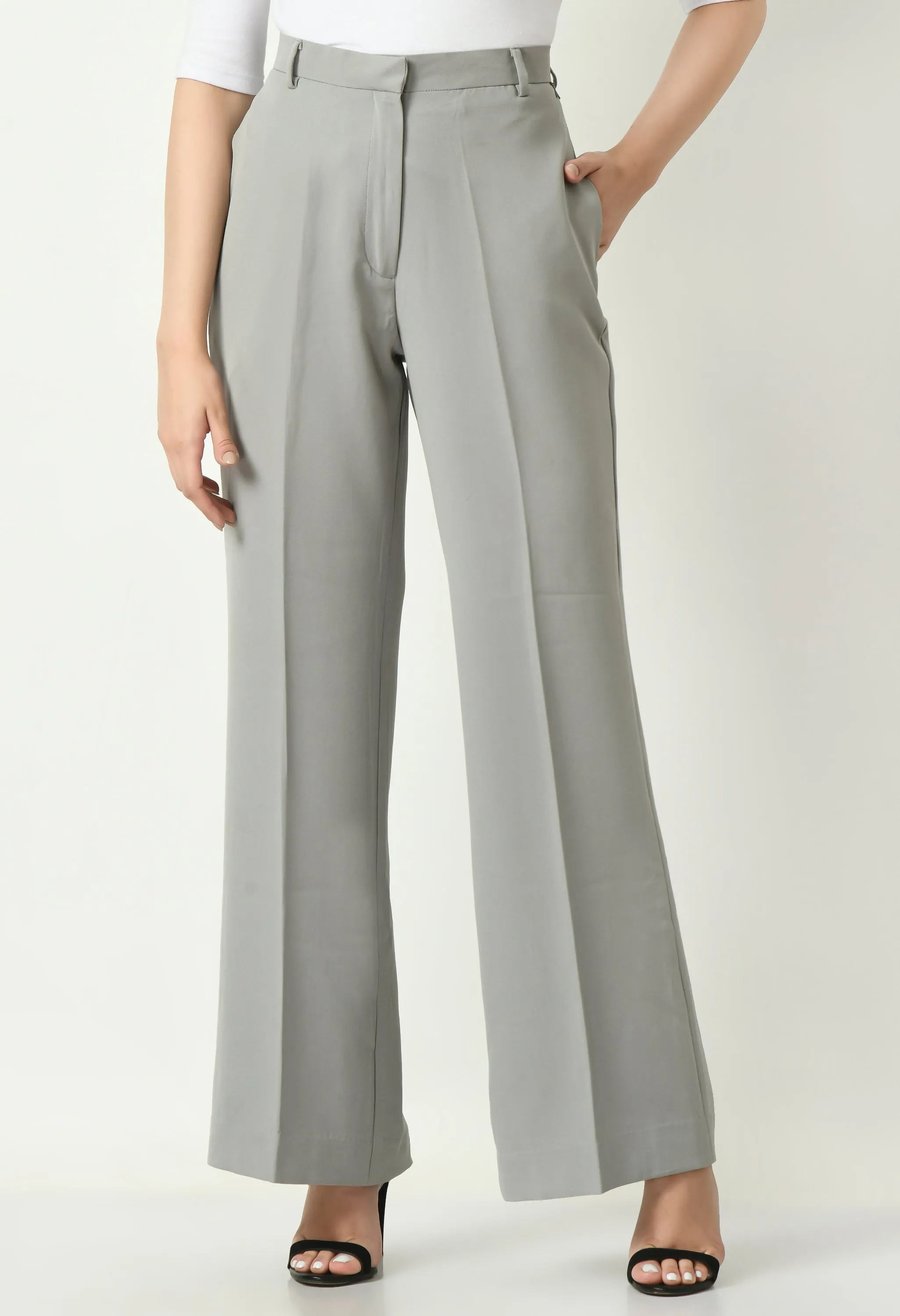 Grey Cotton Blend Eminence Solid Bootcut Trouser