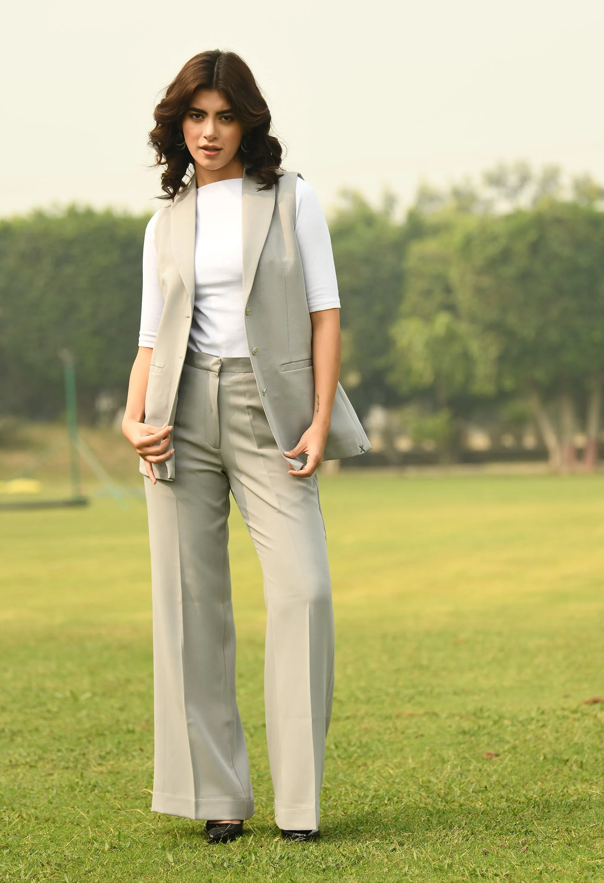 Grey Cotton Blend Eminence Solid Bootcut Trouser