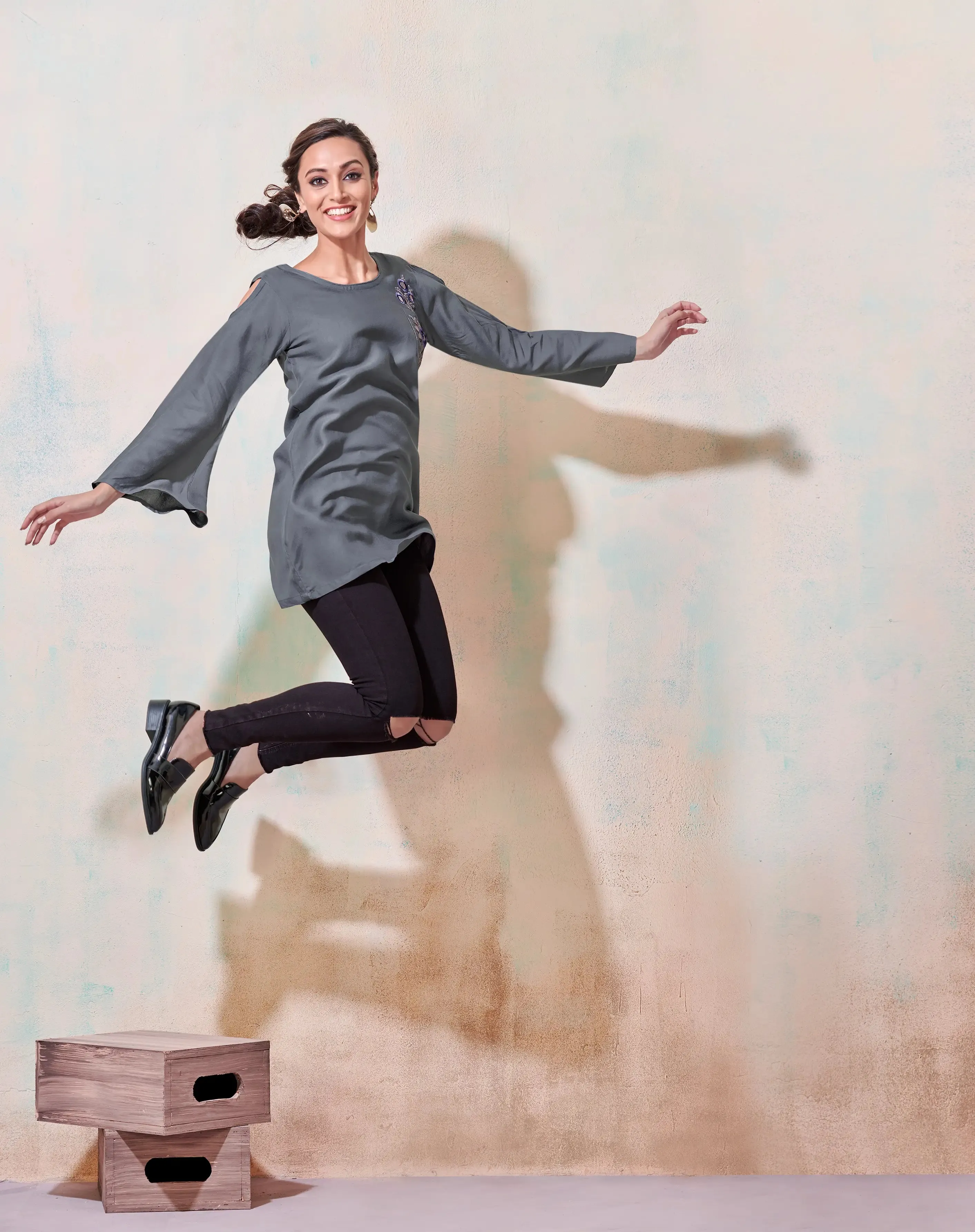 Grey Rayon Short Kurti With Embroidery Work