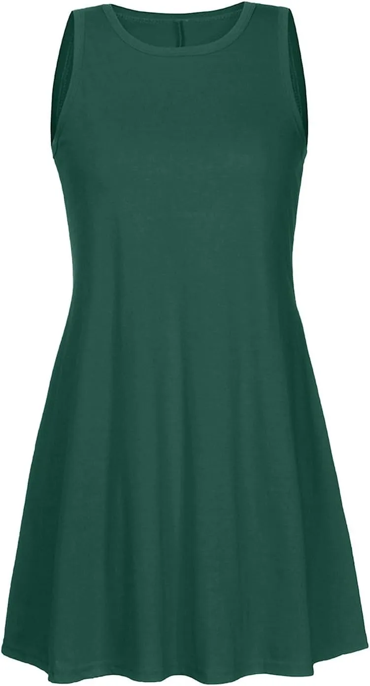 hlysgo Beach Dresses for Women 2025 Summer Sleeveless Crew Neck Casual Dress Solid Soft Comfy Mini Sundress with Pockets