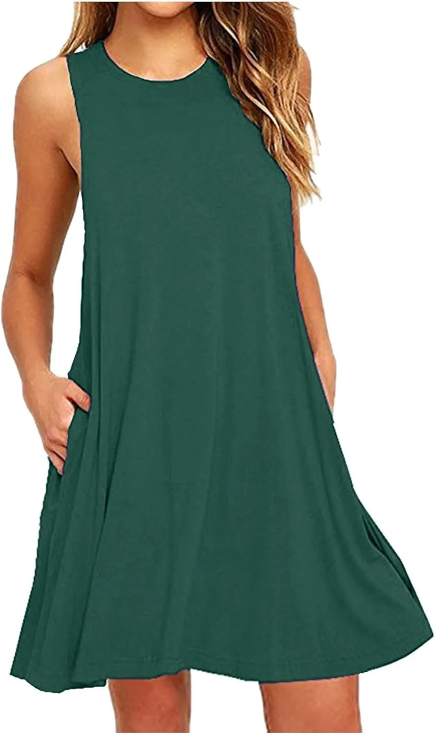 hlysgo Beach Dresses for Women 2025 Summer Sleeveless Crew Neck Casual Dress Solid Soft Comfy Mini Sundress with Pockets