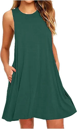 hlysgo Beach Dresses for Women 2025 Summer Sleeveless Crew Neck Casual Dress Solid Soft Comfy Mini Sundress with Pockets