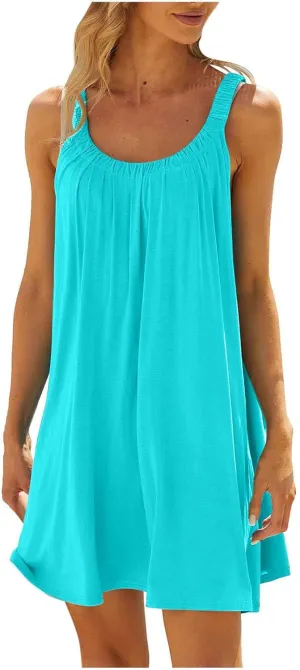 hlysgo Beach Dresses for Women Summer Loose Crew Neck Sleeveless Sundresses Solid Swimsuit Coverup Knee Length Mini Dress