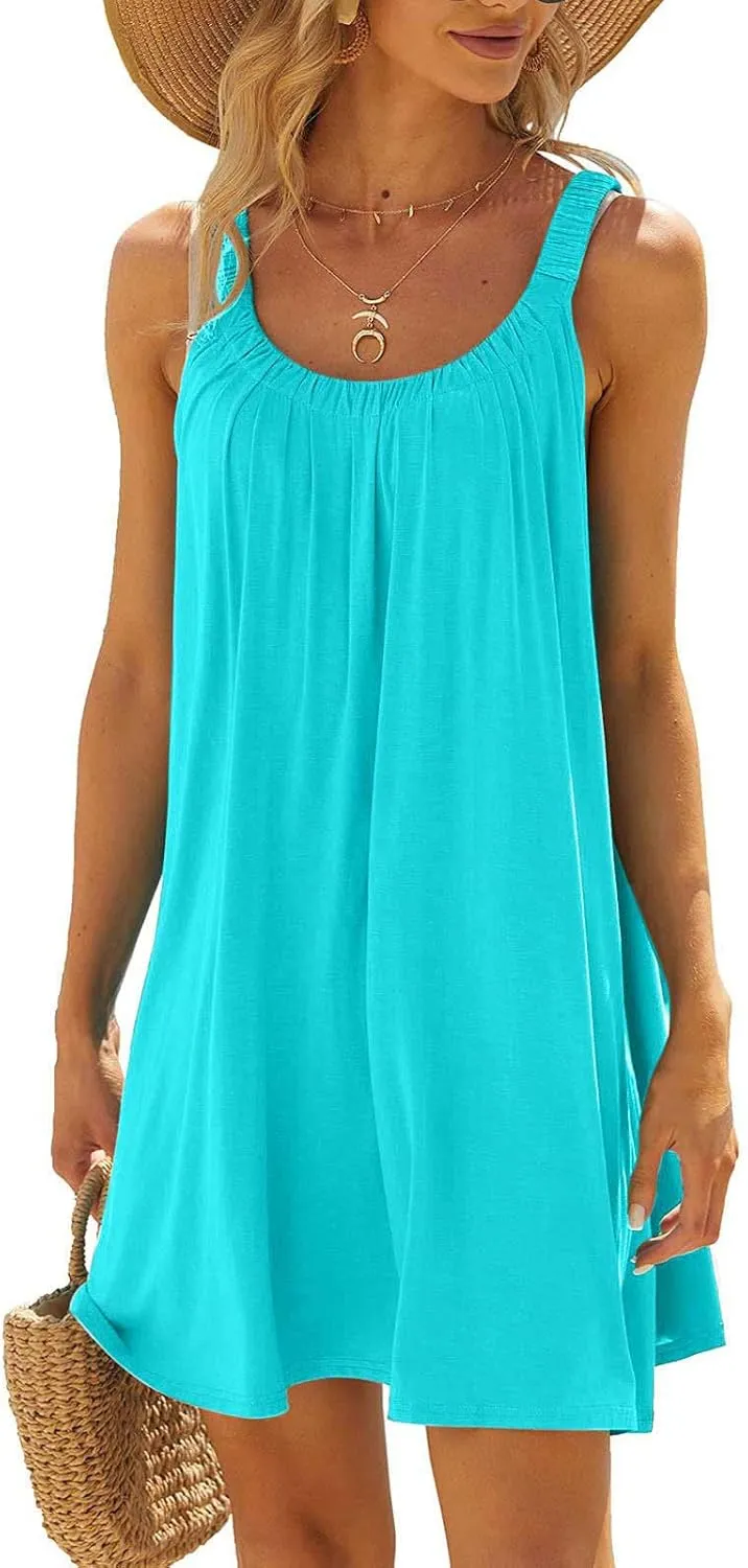 hlysgo Beach Dresses for Women Summer Loose Crew Neck Sleeveless Sundresses Solid Swimsuit Coverup Knee Length Mini Dress