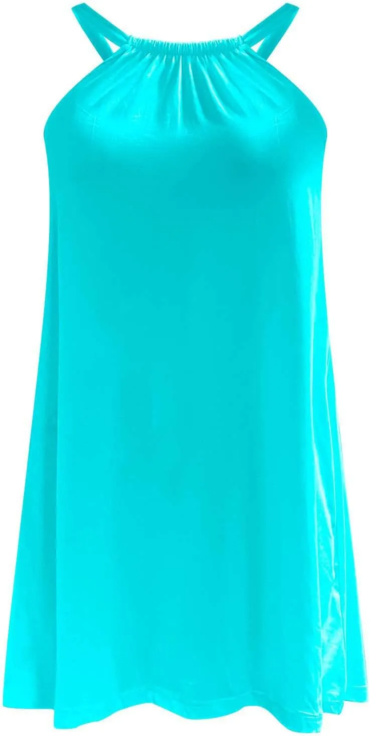 hlysgo Beach Dresses for Women Summer Loose Crew Neck Sleeveless Sundresses Solid Swimsuit Coverup Knee Length Mini Dress
