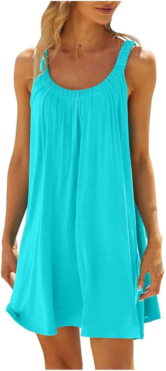 hlysgo Beach Dresses for Women Summer Loose Crew Neck Sleeveless Sundresses Solid Swimsuit Coverup Knee Length Mini Dress