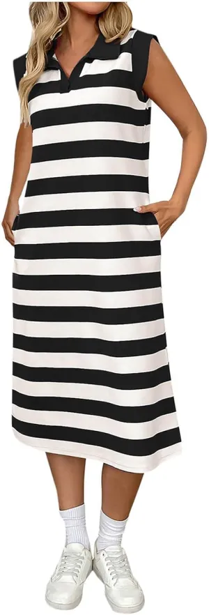 hlysgo Stripes Dresses for Women with Pockets 2025 Trendy Sleeveless V Neck Mini Dress Ladies Casual Going Out Sundress