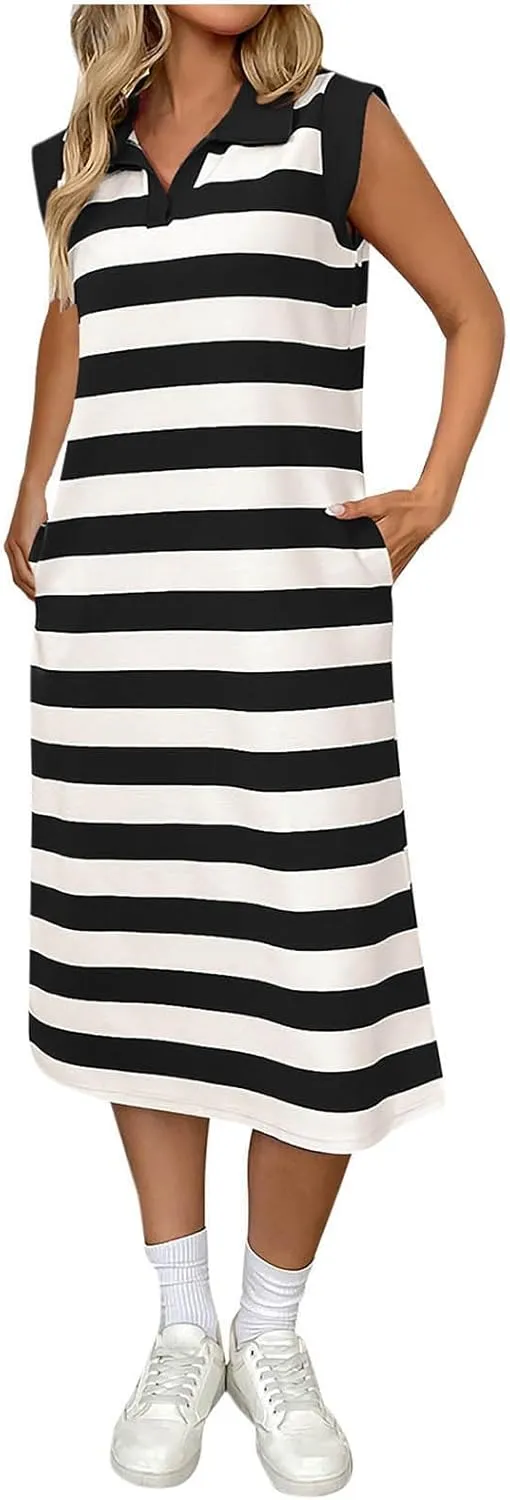 hlysgo Stripes Dresses for Women with Pockets 2025 Trendy Sleeveless V Neck Mini Dress Ladies Casual Going Out Sundress