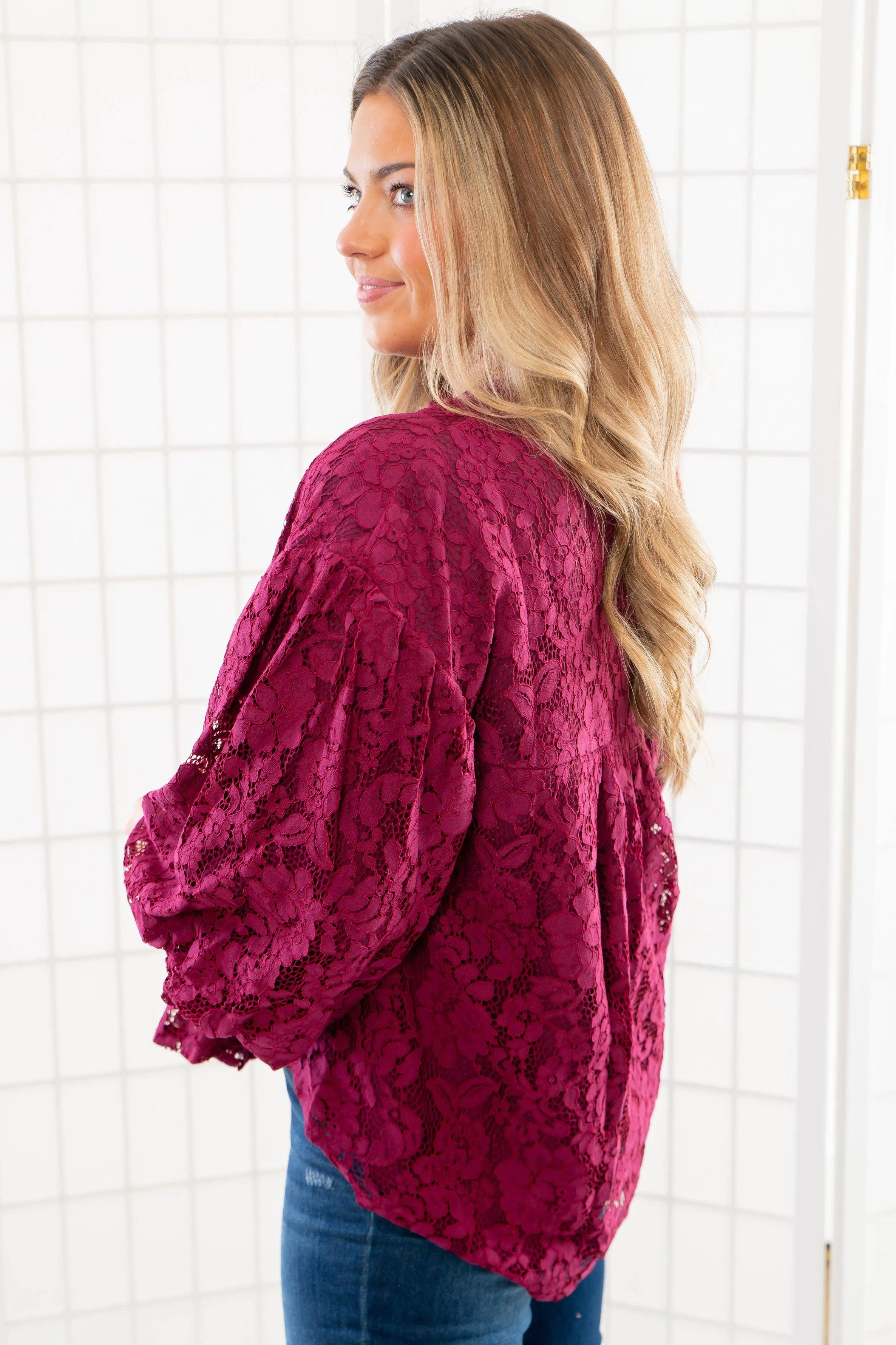 Jayne Wine Lace Bubble Sleeve Blouse