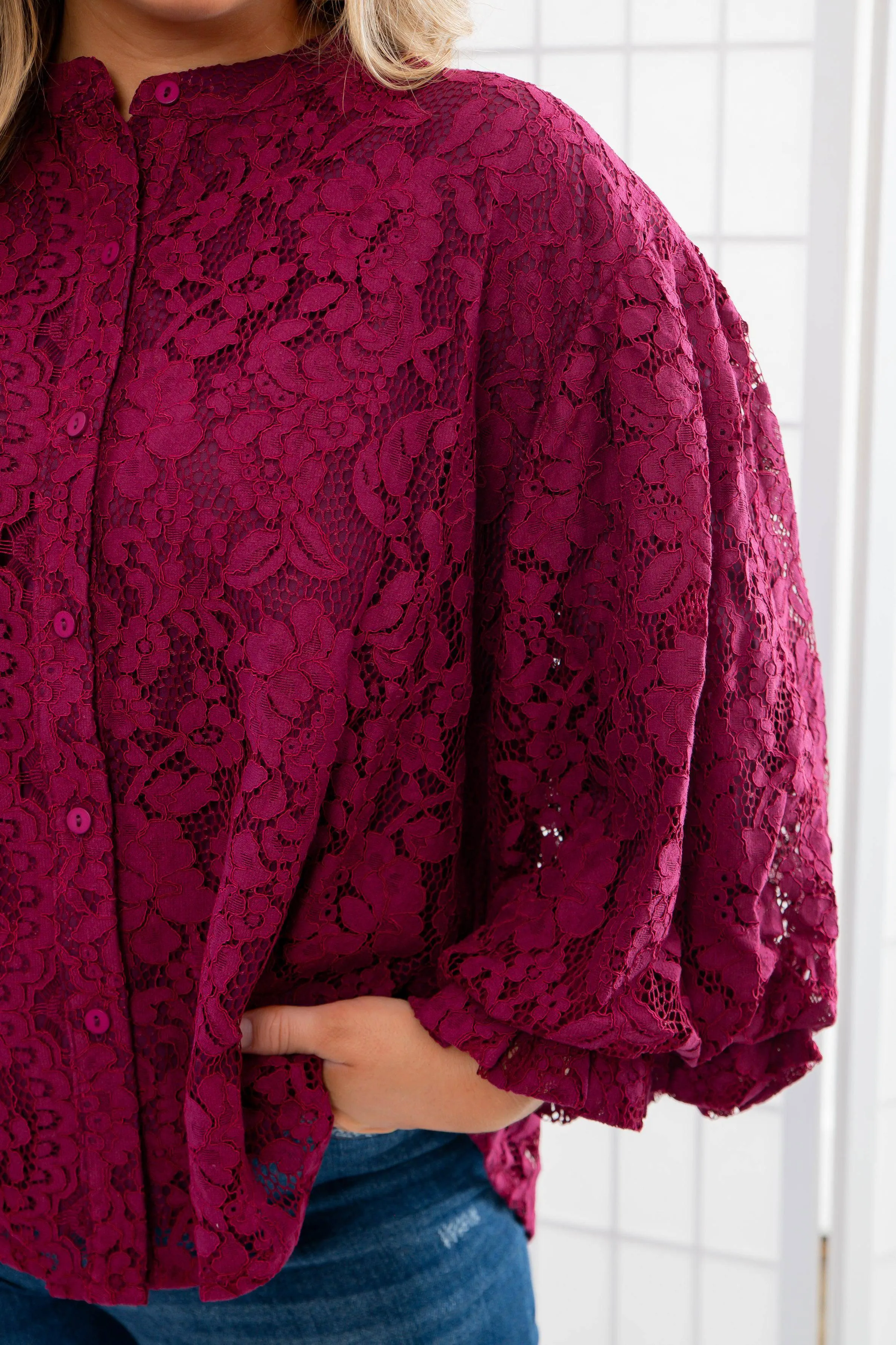 Jayne Wine Lace Bubble Sleeve Blouse