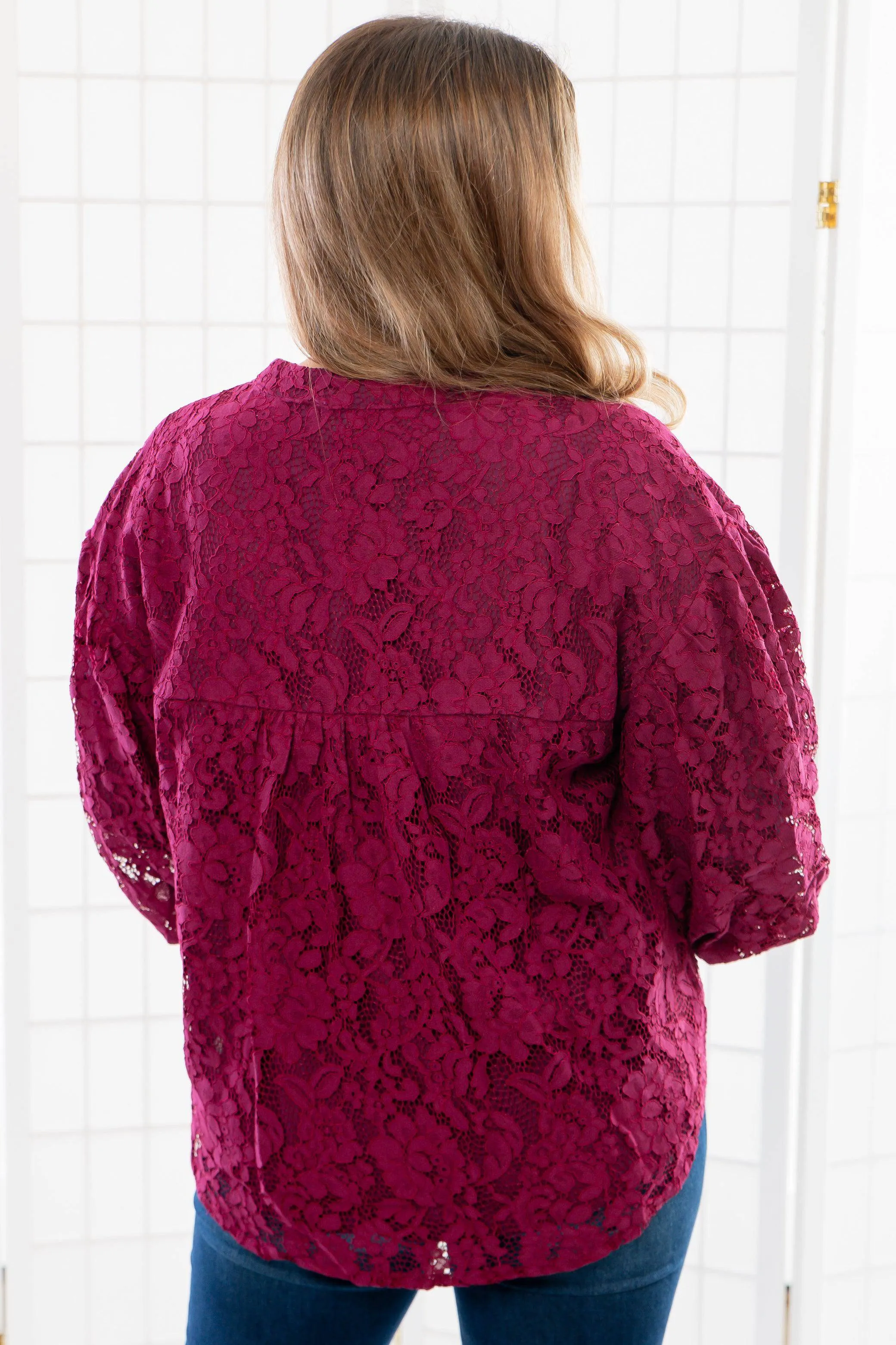 Jayne Wine Lace Bubble Sleeve Blouse