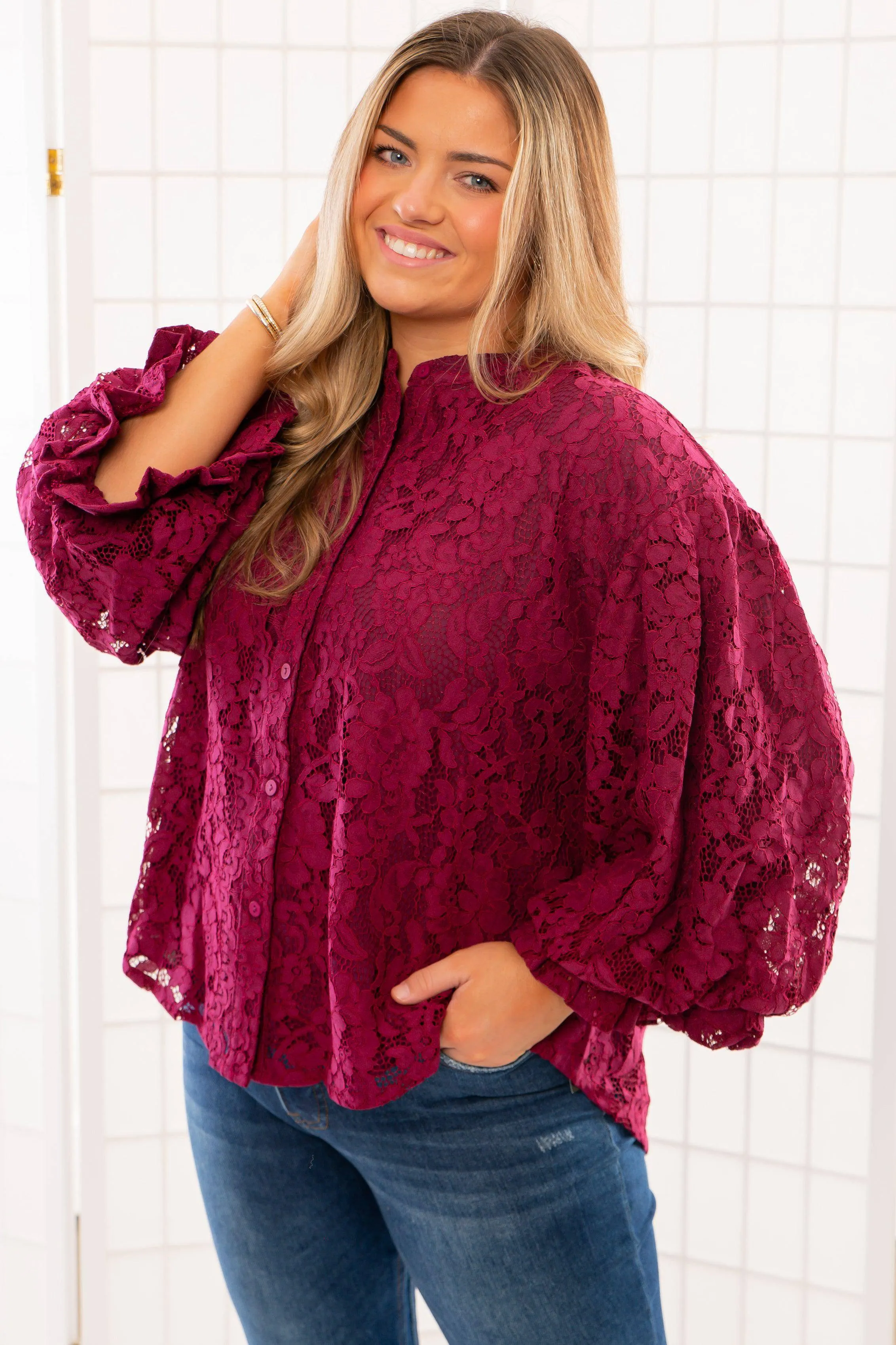 Jayne Wine Lace Bubble Sleeve Blouse