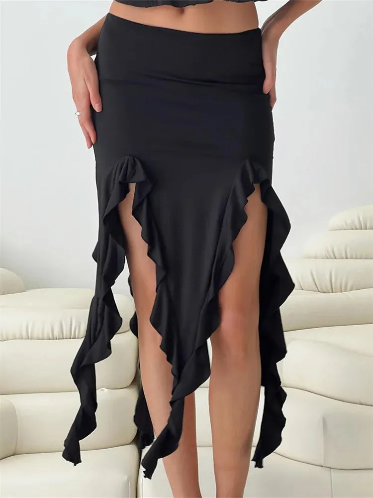 JuliaFashion - Solid Color Midi Elegant Low Waist Ruffle Asymmetrical Hem Summer Side Split Party Beachwear Skirts