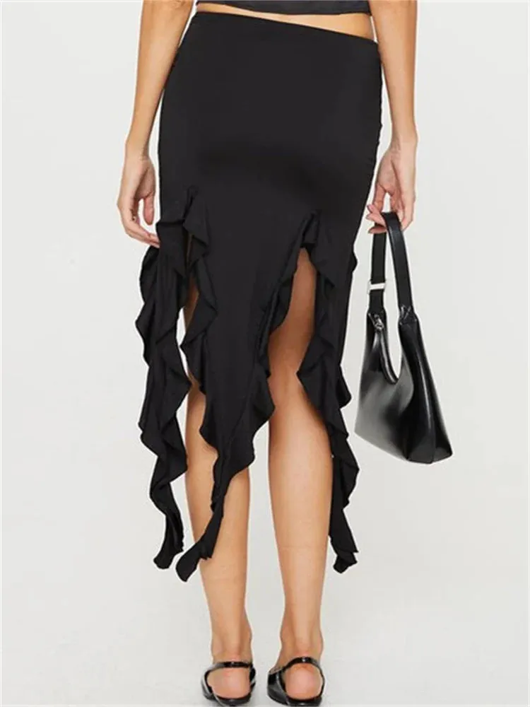 JuliaFashion - Solid Color Midi Elegant Low Waist Ruffle Asymmetrical Hem Summer Side Split Party Beachwear Skirts
