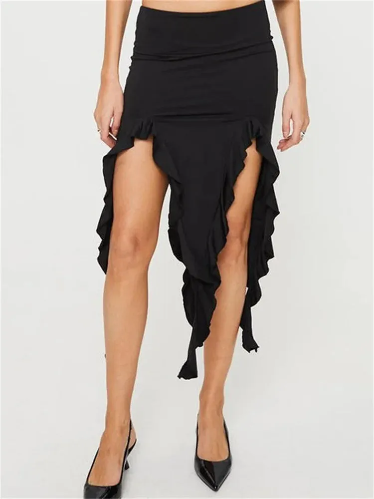 JuliaFashion - Solid Color Midi Elegant Low Waist Ruffle Asymmetrical Hem Summer Side Split Party Beachwear Skirts