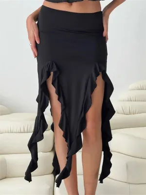 JuliaFashion - Solid Color Midi Elegant Low Waist Ruffle Asymmetrical Hem Summer Side Split Party Beachwear Skirts