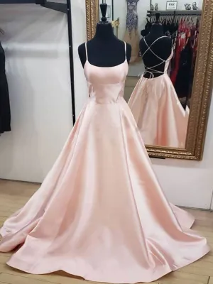 kamahe Light Pink Satin Long Prom Dress,Open Back Formal Graduation Dresses