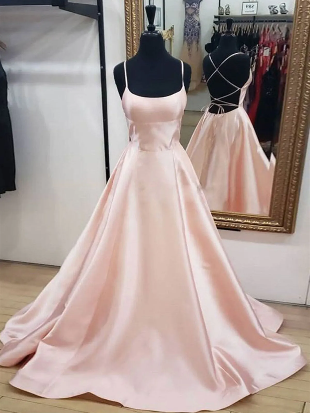 kamahe Light Pink Satin Long Prom Dress,Open Back Formal Graduation Dresses