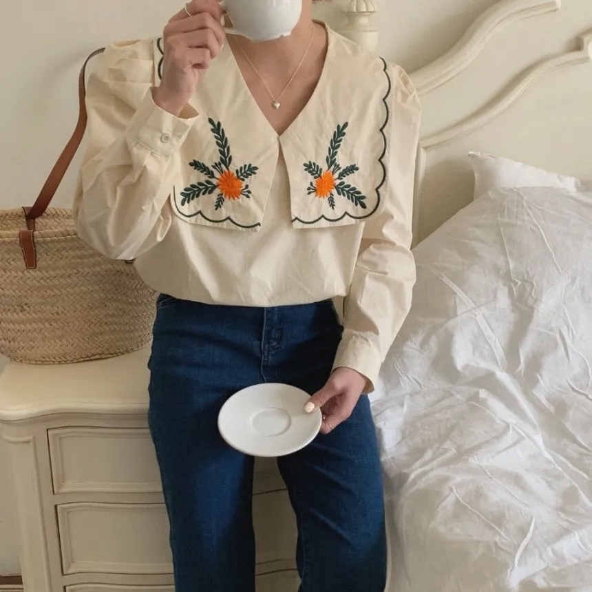 [Korean Style] Embroidery Sailor Collared Long Sleeve Blouse