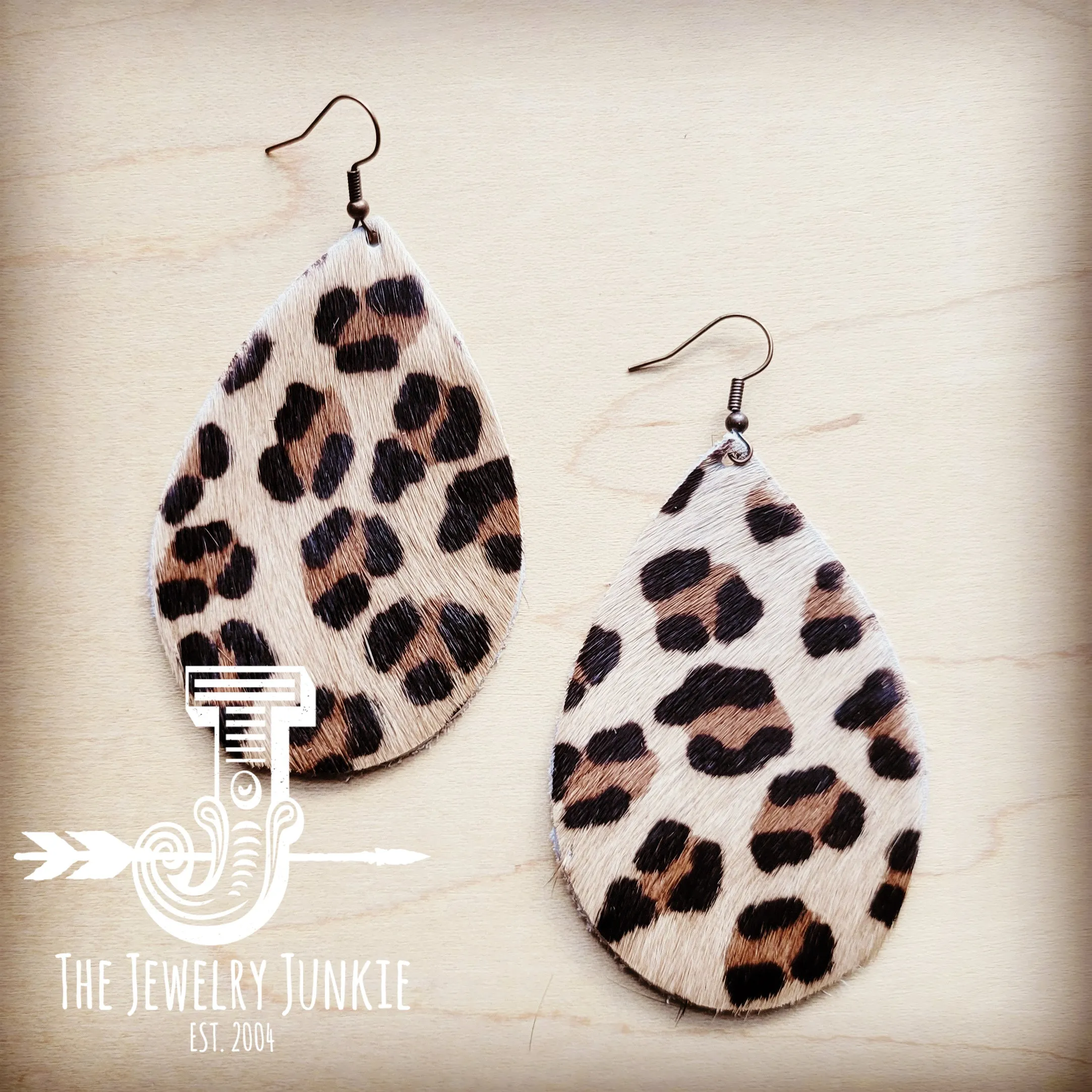 **Leather Teardrop Earrings in Hair on Hide Mini Leopard 222p