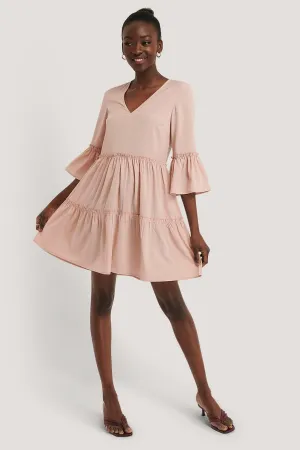 Light Pink V Neck Ruffle Dress