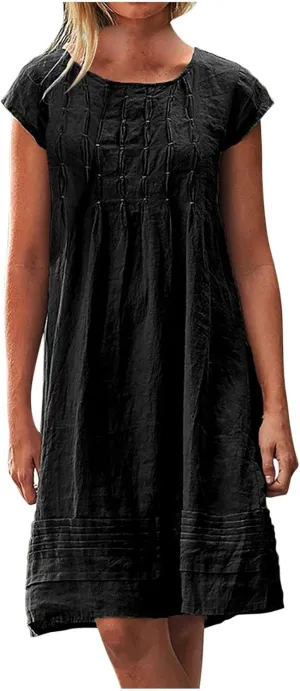 Linen Dress for Women 2024 Pleated Summer Casual Dresses Round Neck Short Sleeve Beach Sundress Vacation Mini Dress