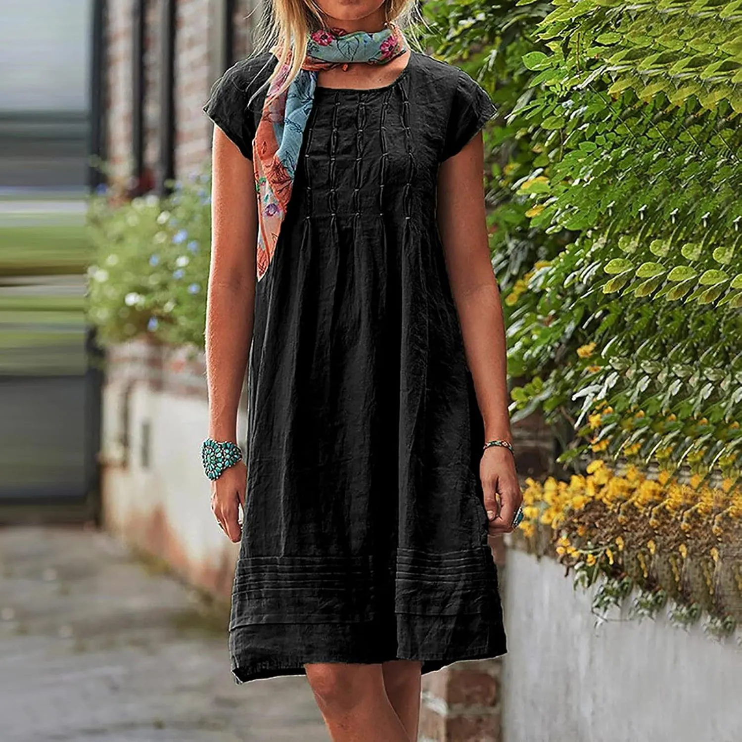 Linen Dress for Women 2024 Pleated Summer Casual Dresses Round Neck Short Sleeve Beach Sundress Vacation Mini Dress