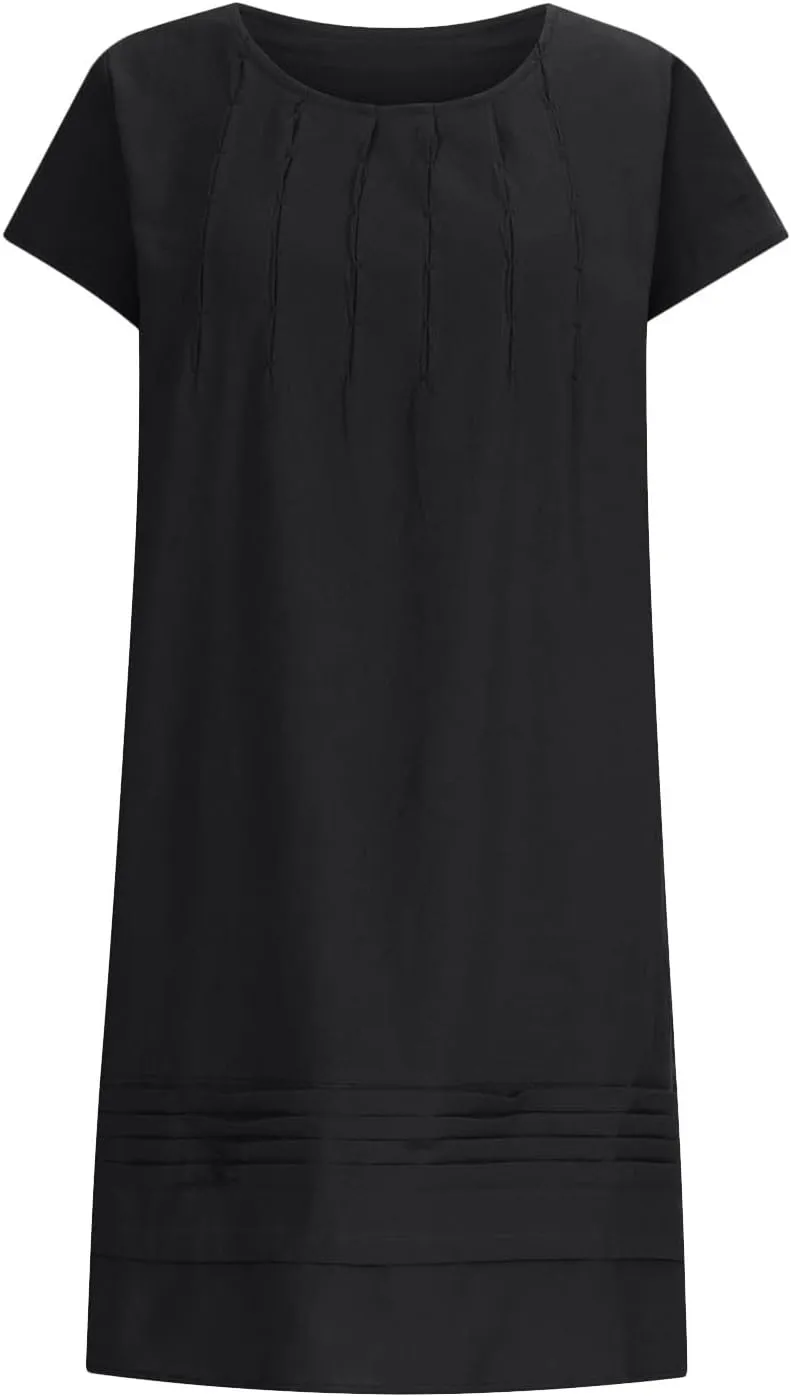 Linen Dress for Women 2024 Pleated Summer Casual Dresses Round Neck Short Sleeve Beach Sundress Vacation Mini Dress