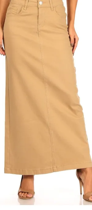 Liza Lou's Women's Long Tan Khaki Twill Tan Denim Maxi Skirt