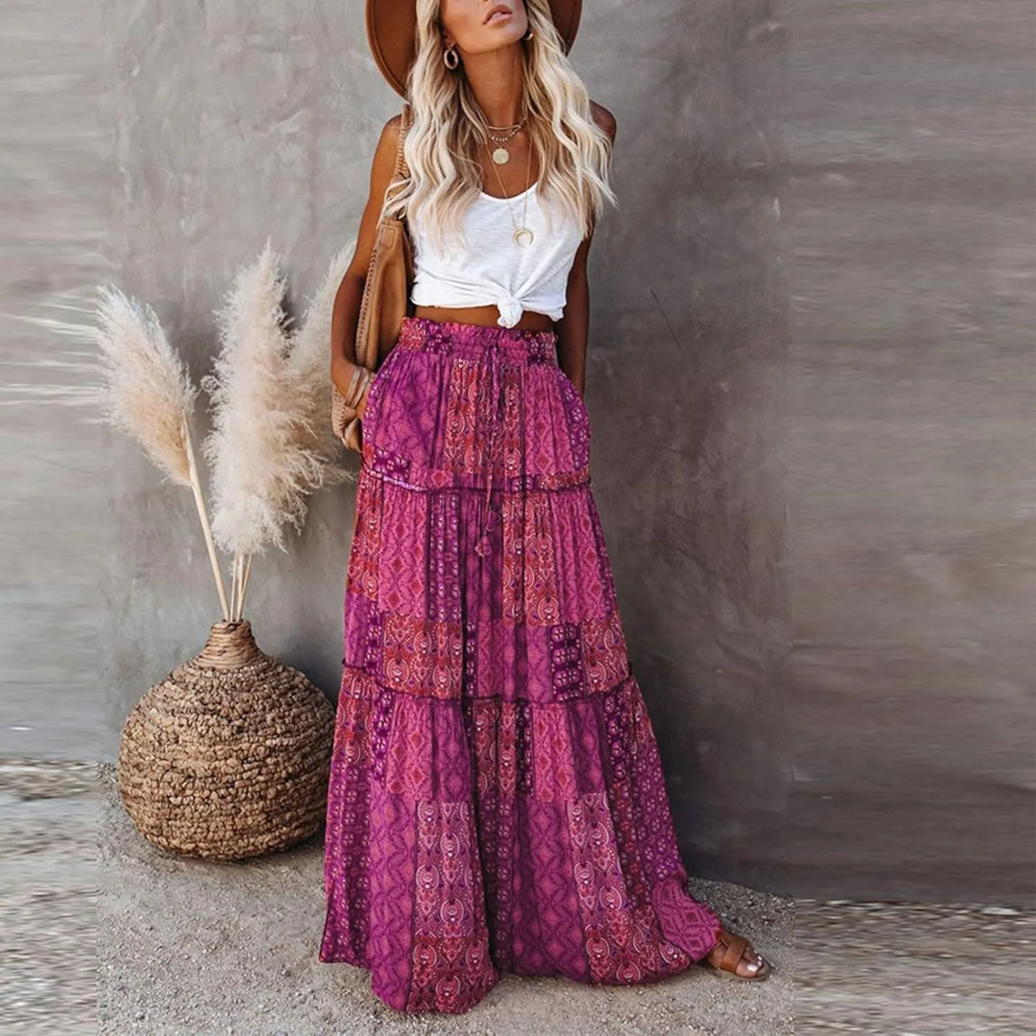 Long Skirt,Elastic High Waisted Linen Flowy Skirts for Women 2025 Summer Womens Boho Maxi Skirt with Pockets